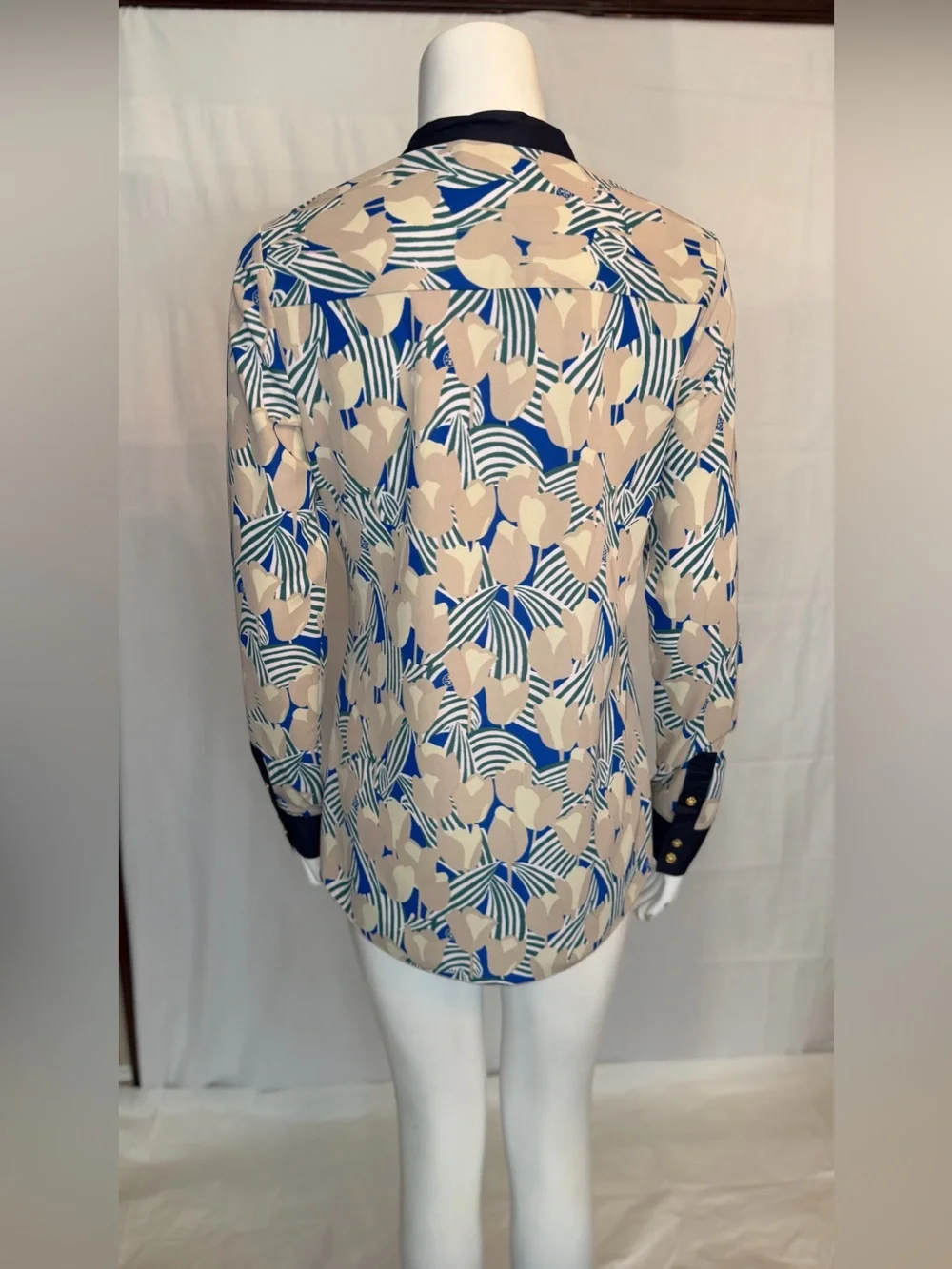 Tory Burch Navy-Trim Floral Button Shirt with Gold Buttons